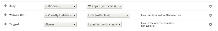 The manage display page with the formatter selected for three different field types