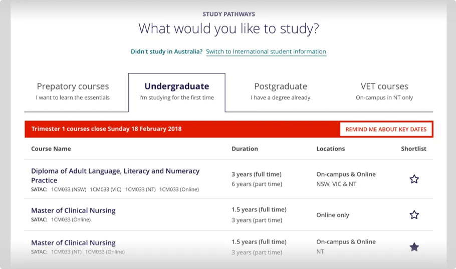 Charles Darwin University Course Listing component