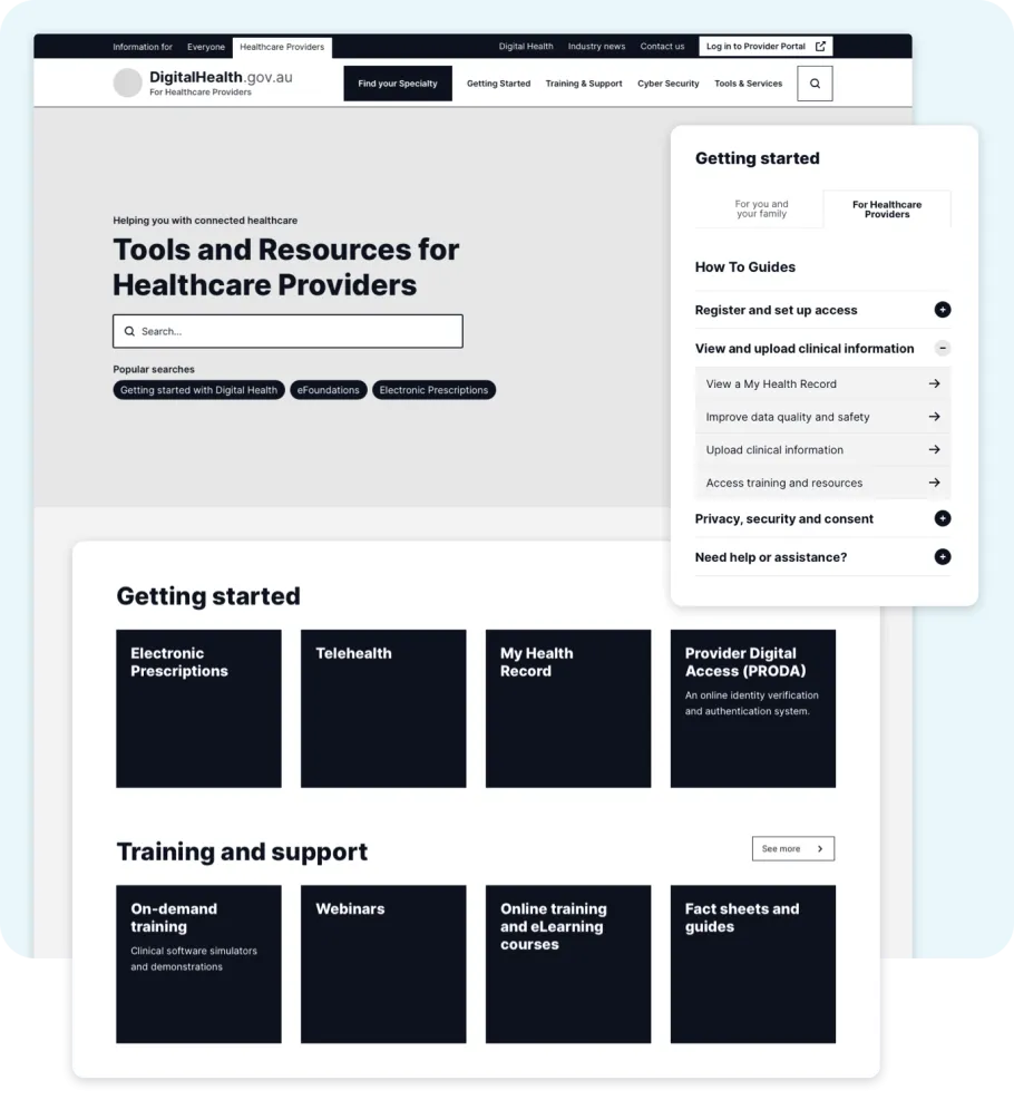 Australian Digital Health Agency website wireframe of tools and resources for healthcare providers section