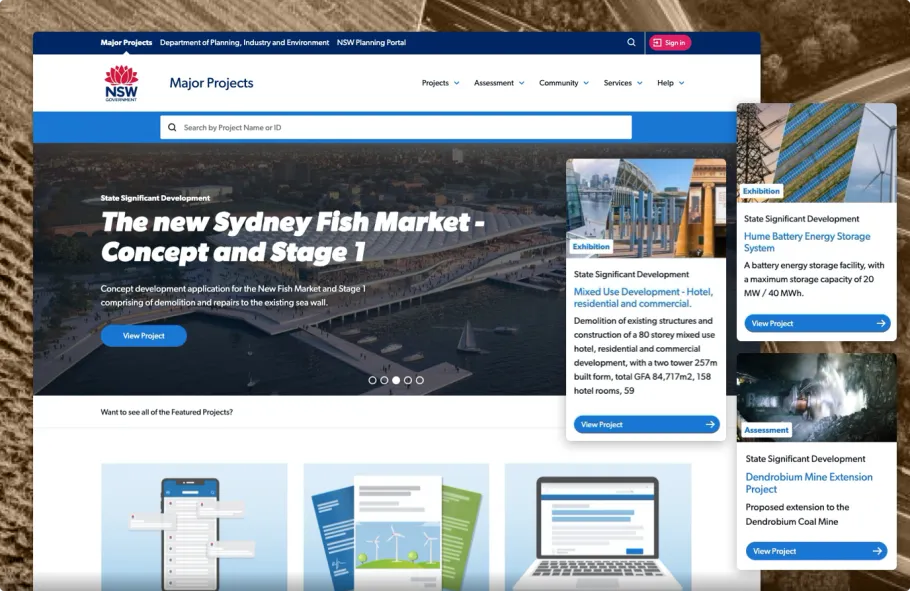 The Department of Planning and Environment Planning Portal homepage with pull outs of features