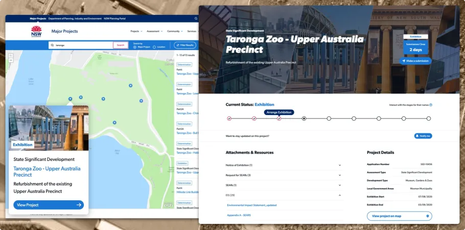 Department of Planning and Environment Planning Portal Search feature and example of results