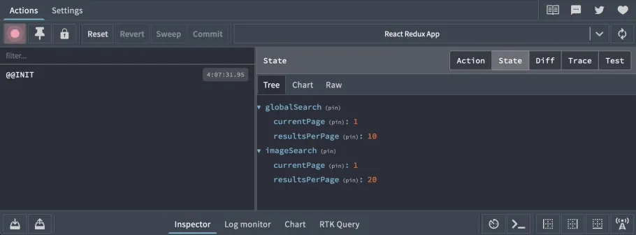 Redux dev tools showing multi slice store