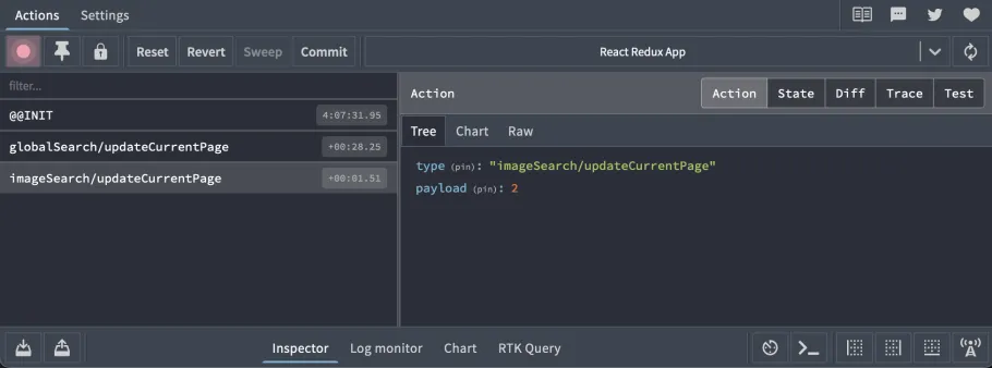 Redux dev tools showing actions called on slices