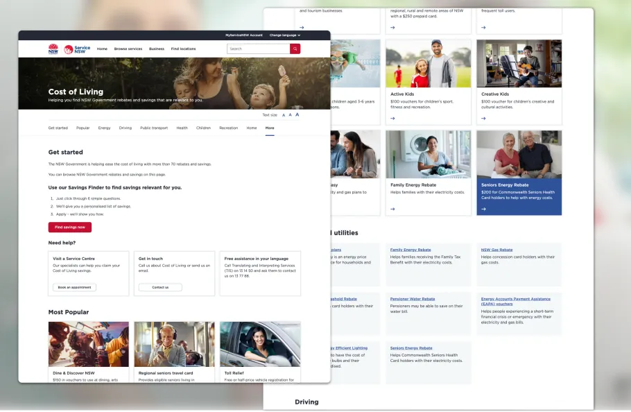 Two screens showing Cost of living savings calculator and financial support available