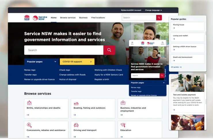 Screenshot of Service NSW homepage and range of services