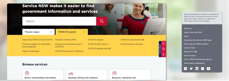 Screenshot highlighting COVID-19 support available via the Service NSW website
