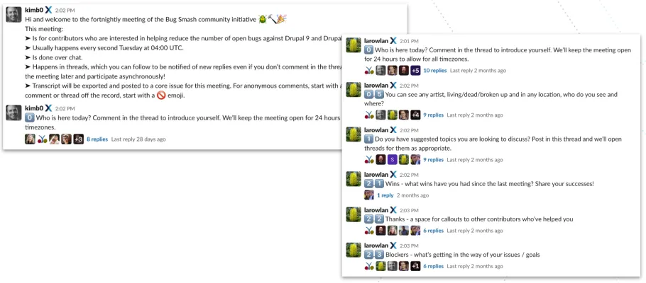 Screen shots from Drupal's Bugsmash Slack Channel