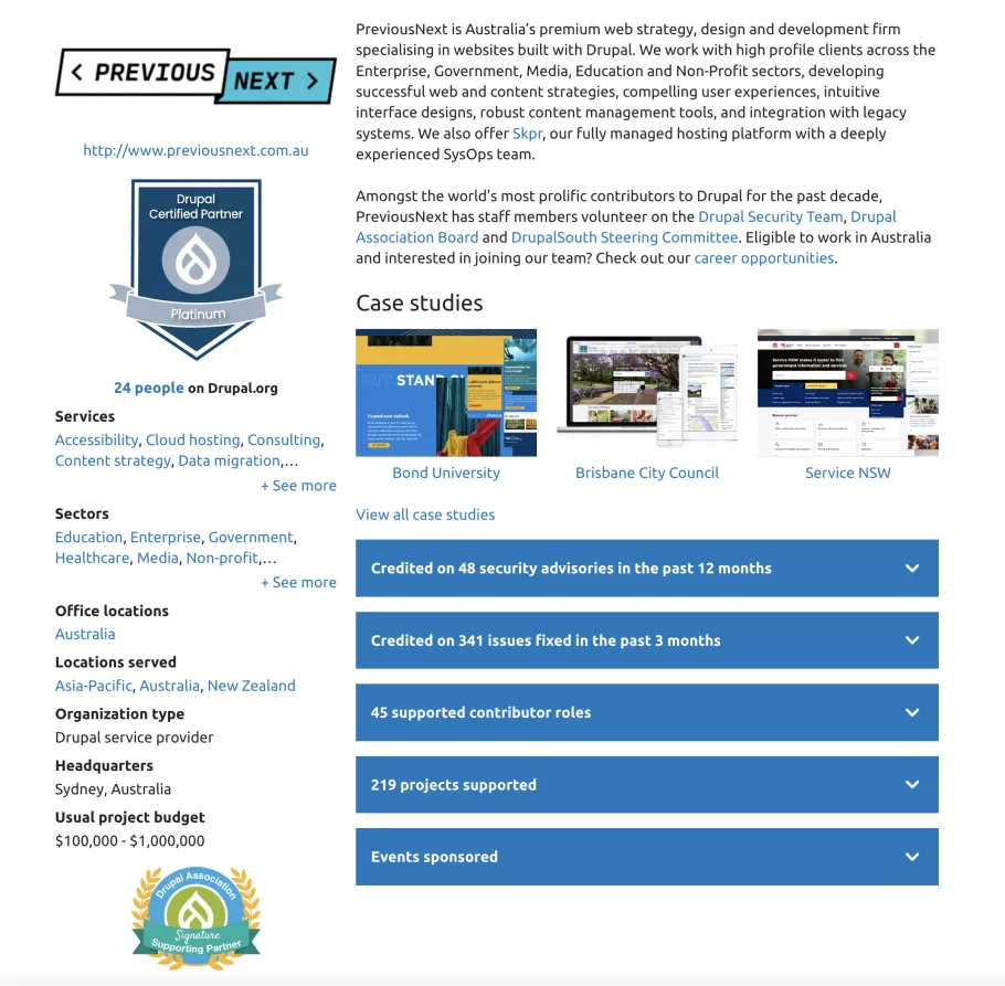 Screenshot of PreviousNext's Drupal Association profile page