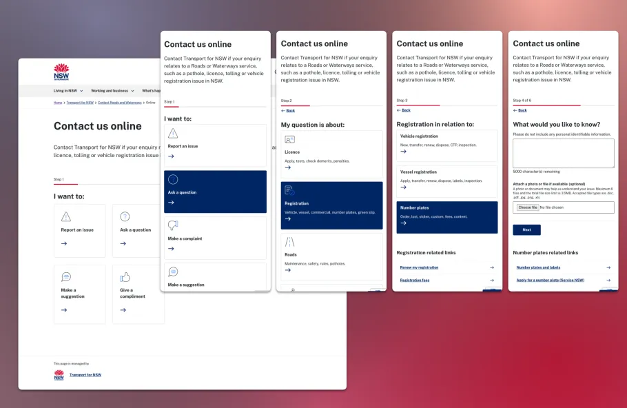 Screenshots of multi-step contact us form on Transport for NSW website