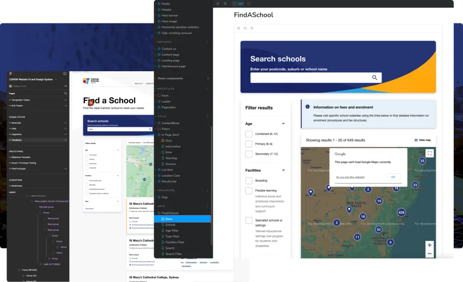 Image demonstrating the transistion of the School Finder tool from Figma design to Storybook