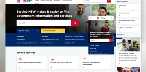 Screenshot of Service NSW homepage and range of services